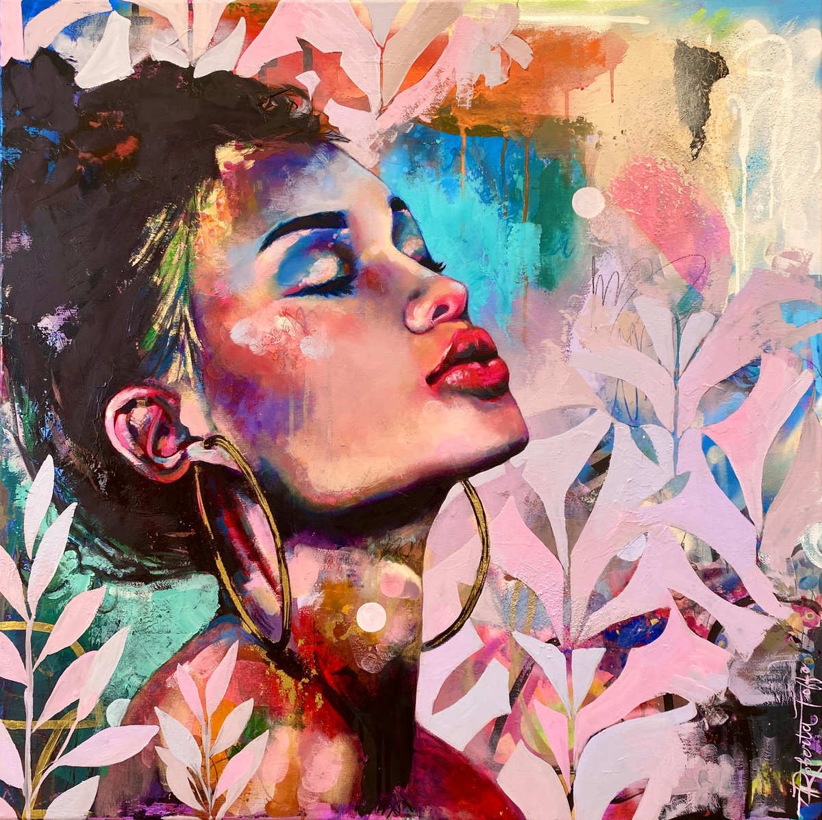 Expressive Portrait Painting By Bold Ro, 31 X 31, Serenity In Bloom, Original Artwork