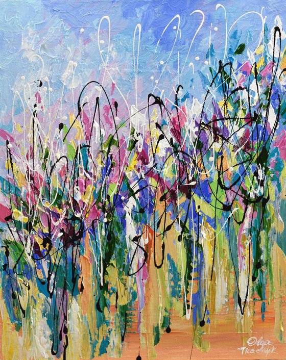 Colorful Flower Field 16x20 Original Acrylic Impasto Artwork