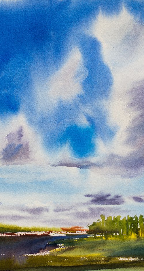 Fall sky in Salamanca, Spain. Original watercolor. Landscape cloud blue nature dramatic interior blue by Sasha Romm