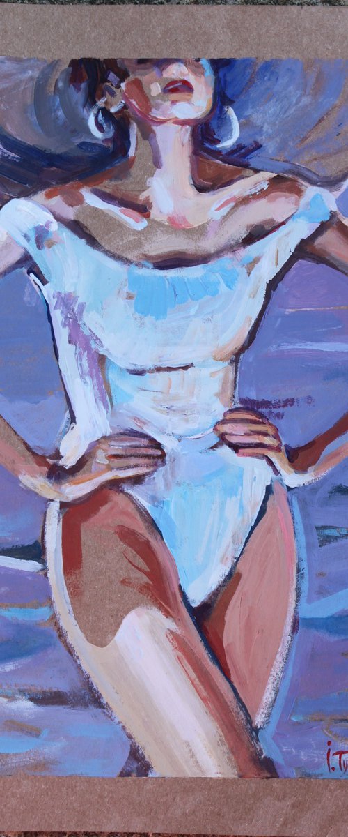 Girl on the beach in a retro swimsuit by Iryna Tymkul