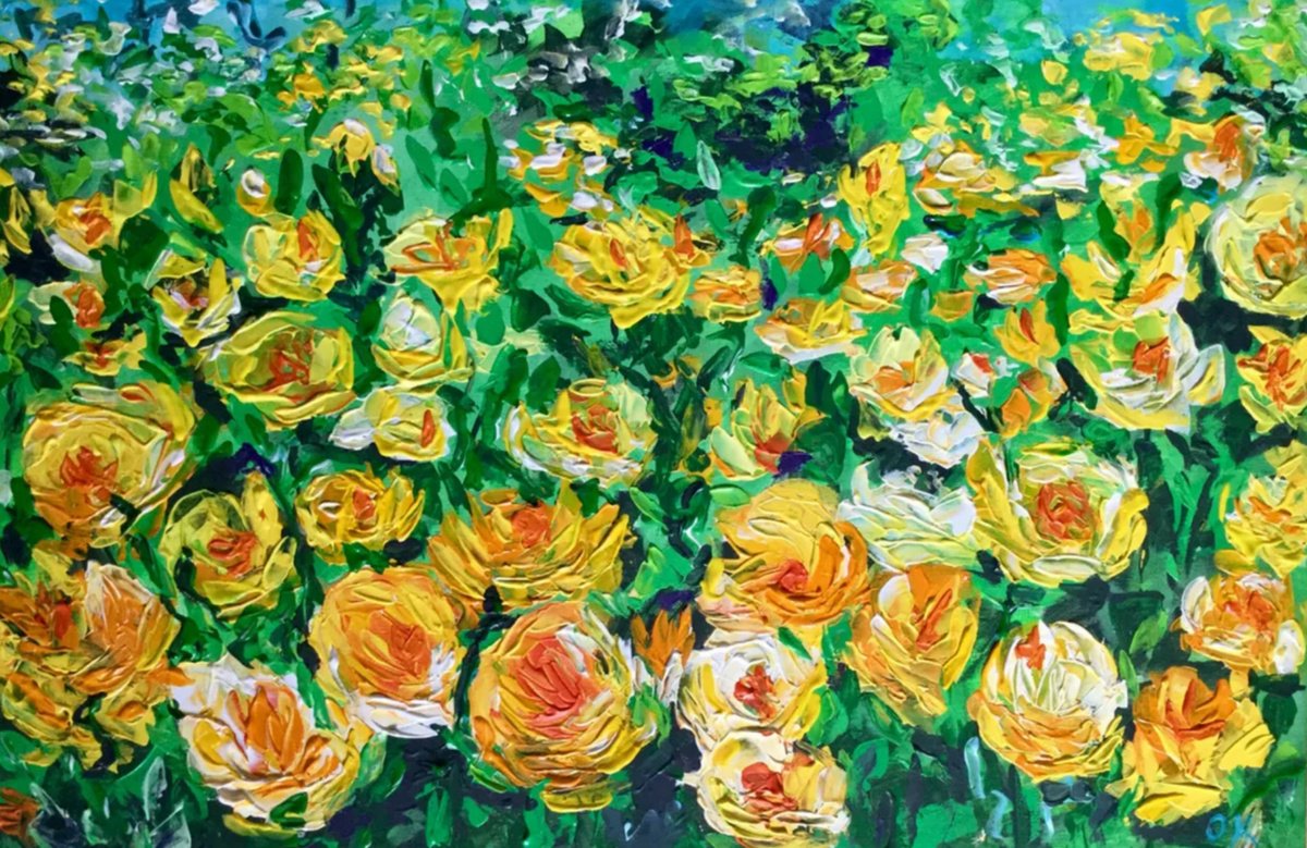 Expressive Landscape Acrylic Painting By Olga Koval, 30 X 20", Field Of Yellow,, Original Artwork