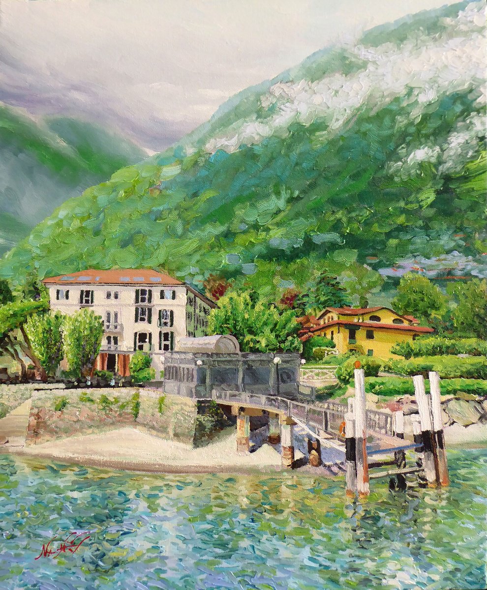 Impressionistic Landscape Oil Painting By Narek Hambardzumyan, 15 X 18", Slopes Of Lenno On Lake Como, Original Artwork
