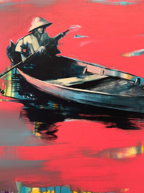 Big painting - "Fisherman in old boat" - Pop Art - Lake - Boat - Bright seascape - Boat