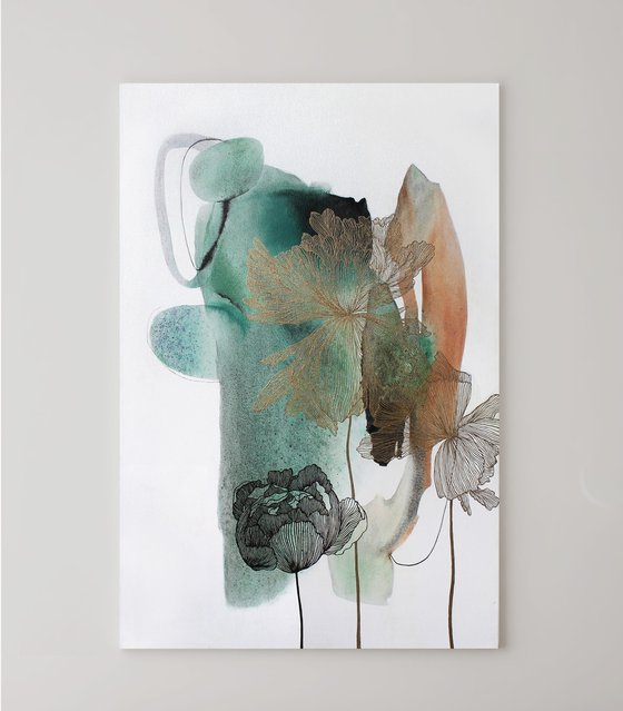 "Green Thincord" Green gold flowers art