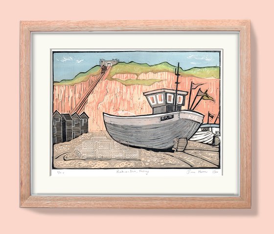 Boats at Rock-a-Nore, (Blue Boat). Limited Edition large linocut