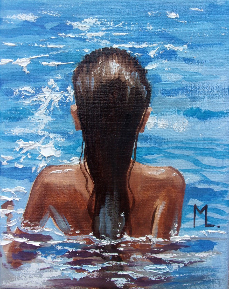 Expressive Portrait Oil Painting By Monika Luniak, 9 X 12", " Blue Days In Swimmingpool ", Original Artwork