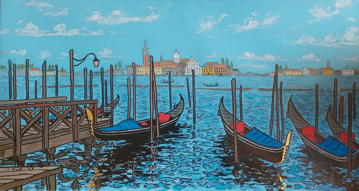 Cityscapes Acrylic Painting By Colin Ross Jack, 30 X 16, Venice Gondolas #3, Original Artwork