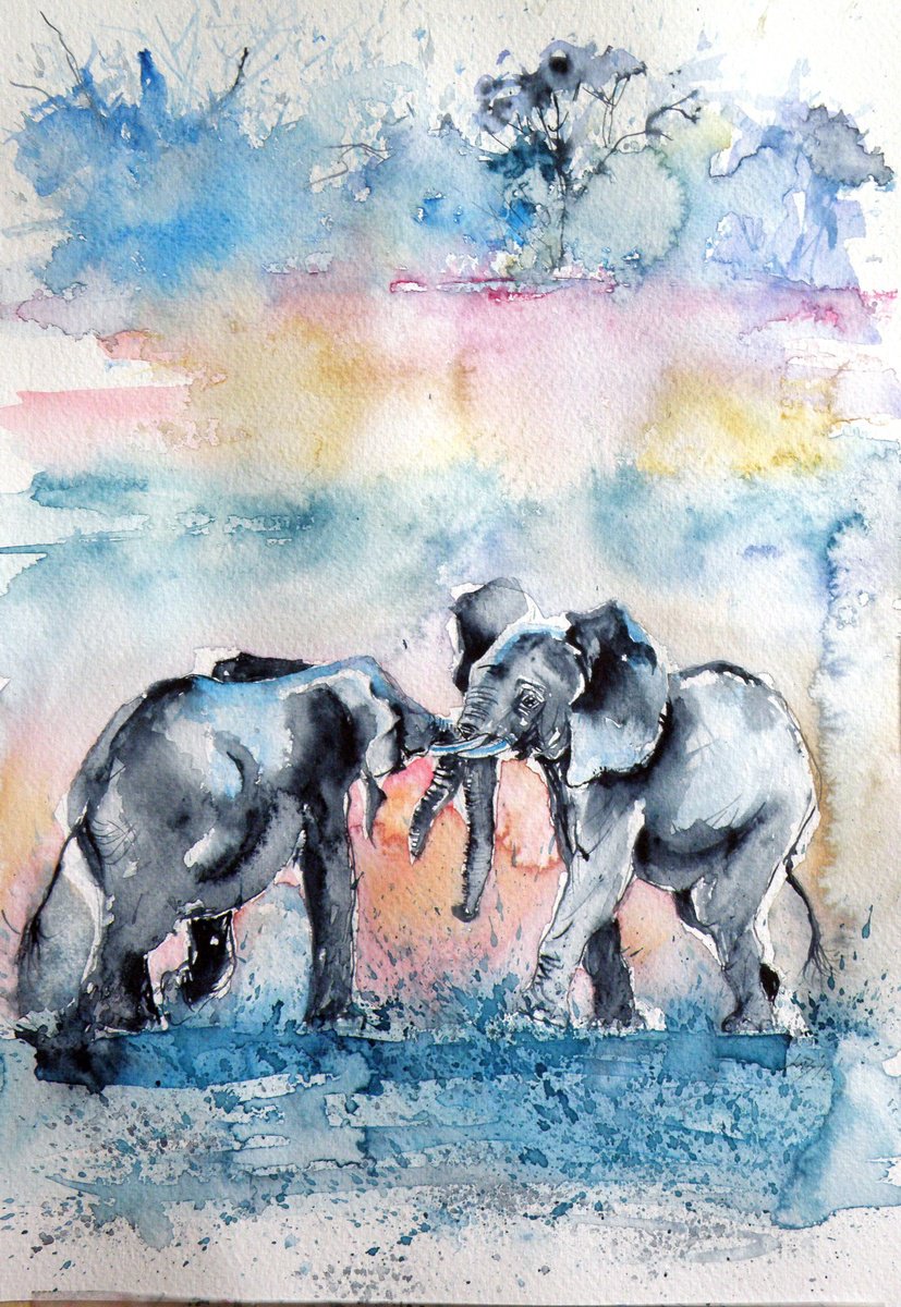 Impressionistic Animal Watercolour By Kovacs Anna Brigitta, 10 X 14", Elephant Meeting, Original Artwork