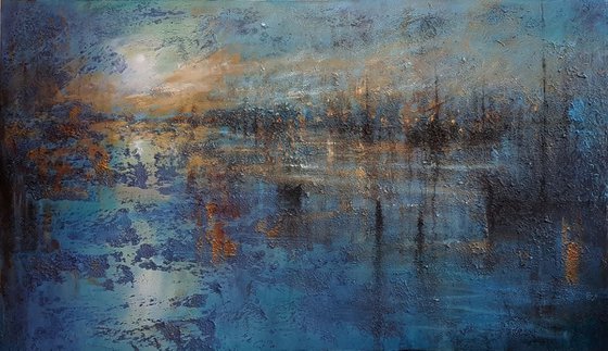 "Harbor of destroyed dreams -Moonlight for two, Please !!!" / Large size W 120x H 70cm