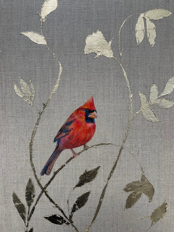 Red Cardinal on Ornamental Gold Leaf Rose