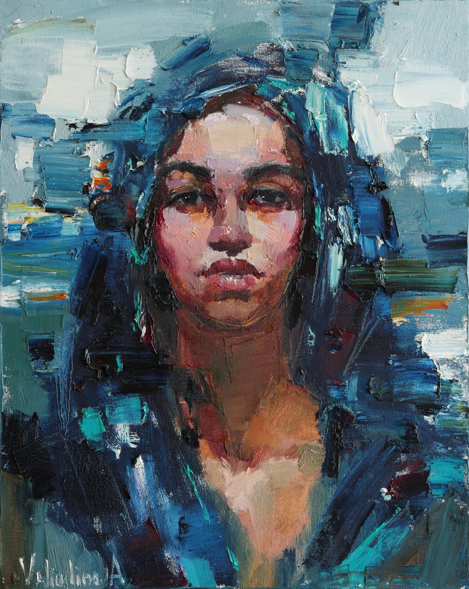 Impressionistic Portrait Oil Painting By Anastasiia Valiulina, 16 X 20, Woman In A Blue Headscarf, Original Artwork