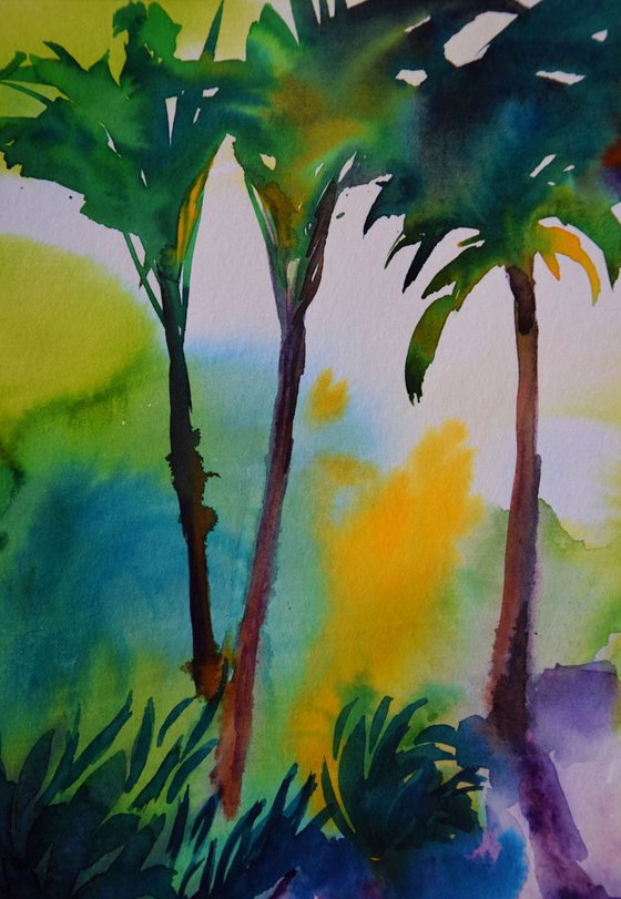 Abstract tropical trees original watercolor painting Spanish green forest