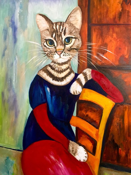 Cat  Lady on the chair ( 61x81 cm )inspired by Amedeo Clemente Modigliani painting.