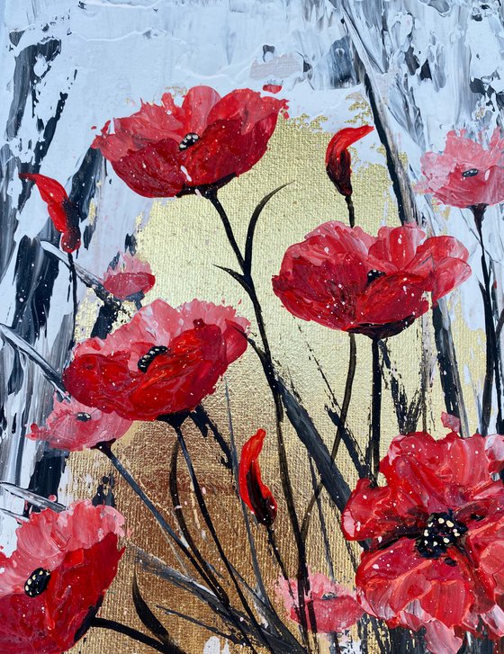 Abstract Textured Poppies on Gold Leaf