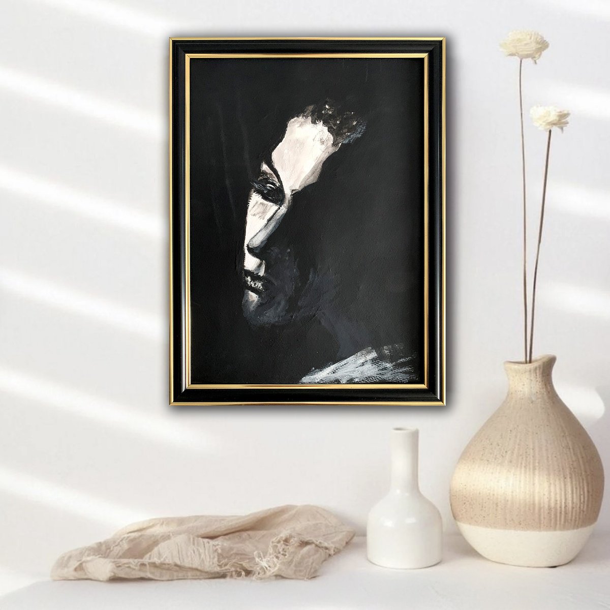 Illustrative Portrait Acrylic Painting By Vita Schagen, 9 X 13", In A Shadow., Original Artwork