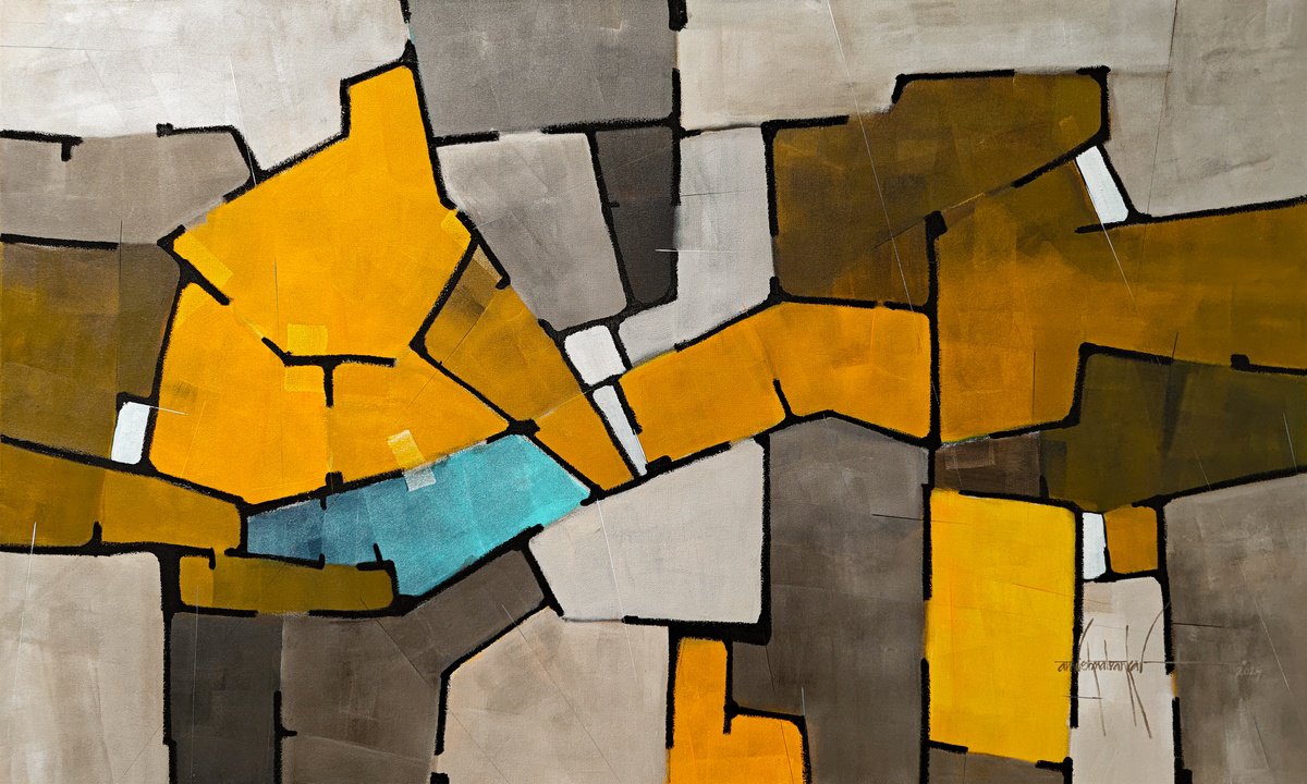 Abstract Painting By Amrish Malvankar, 60 X 36, Sunstone Grid, Original Artwork