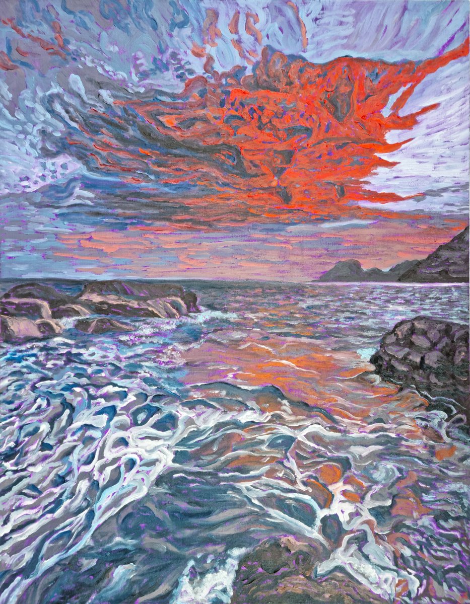 Impressionistic Landscape Oil Painting By Zulfiya Mukhamadeyeva, 28 X 35", Red Cloud, Original Artwork