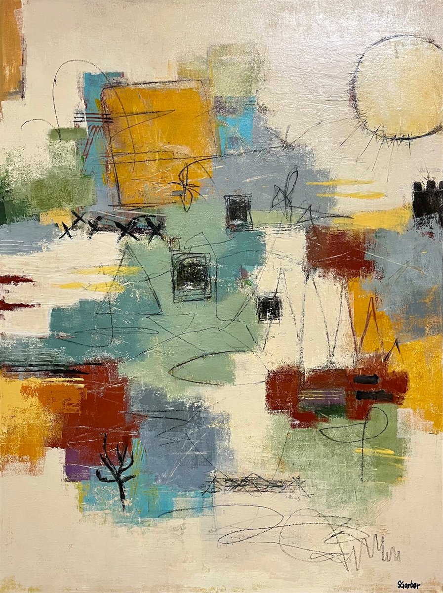 Abstract Landscape Acrylic Painting By Shellie Garber, 30 X 40", Desert Sun, Original Artwork