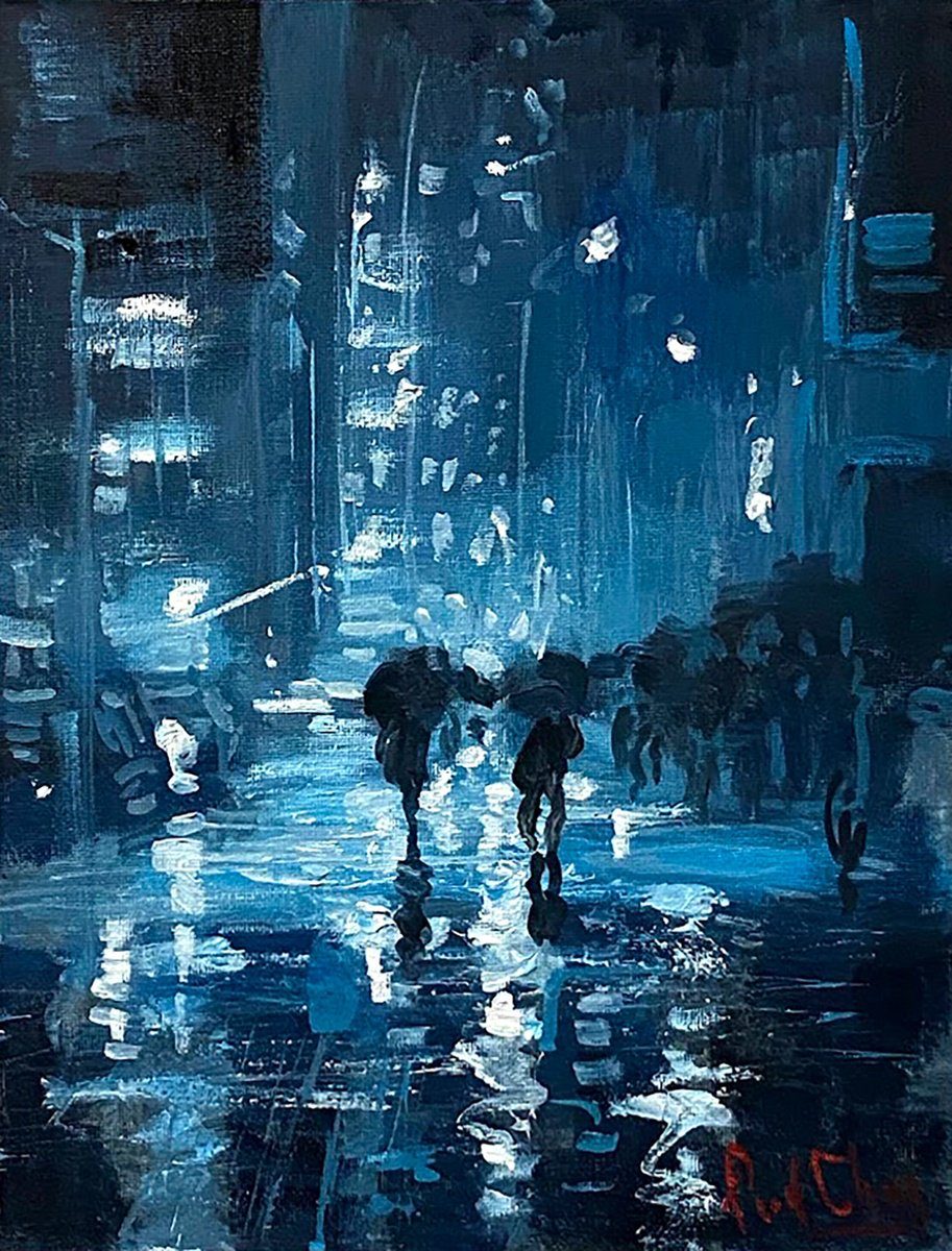 Impressionistic Cityscapes Oil Painting By Paul Cheng, 9 X 12", Rainy City #2, Original Artwork
