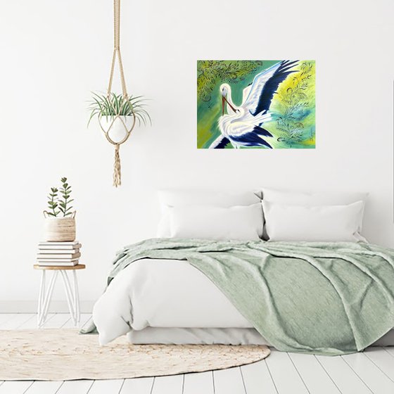 Storks Painting Birds Original Art Animal Oil Artwork Canvas Wall Art