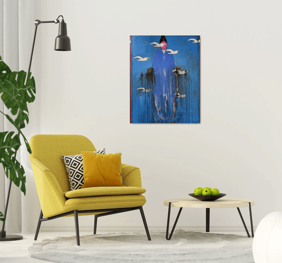 Silent Ascension – Blue Figure with Birds