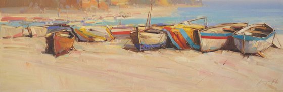 Rowboats on the Ocean Side Original oil painting  Handmade artwork One of a kind Signed with Certificate of Authenticity