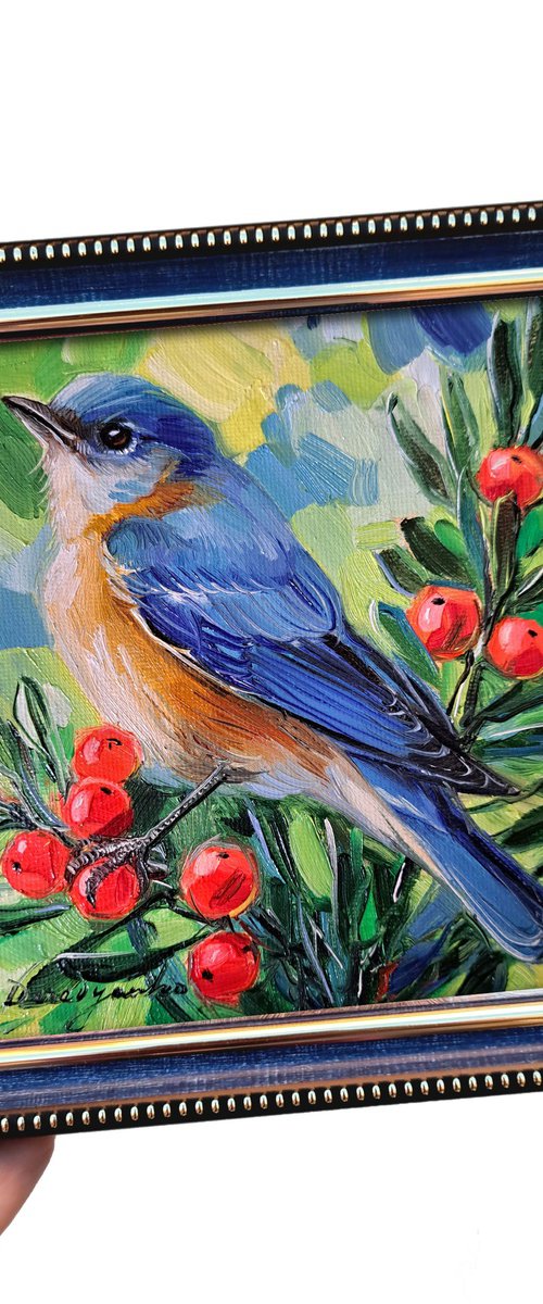 Bluebird bird painting by Nataly Derevyanko