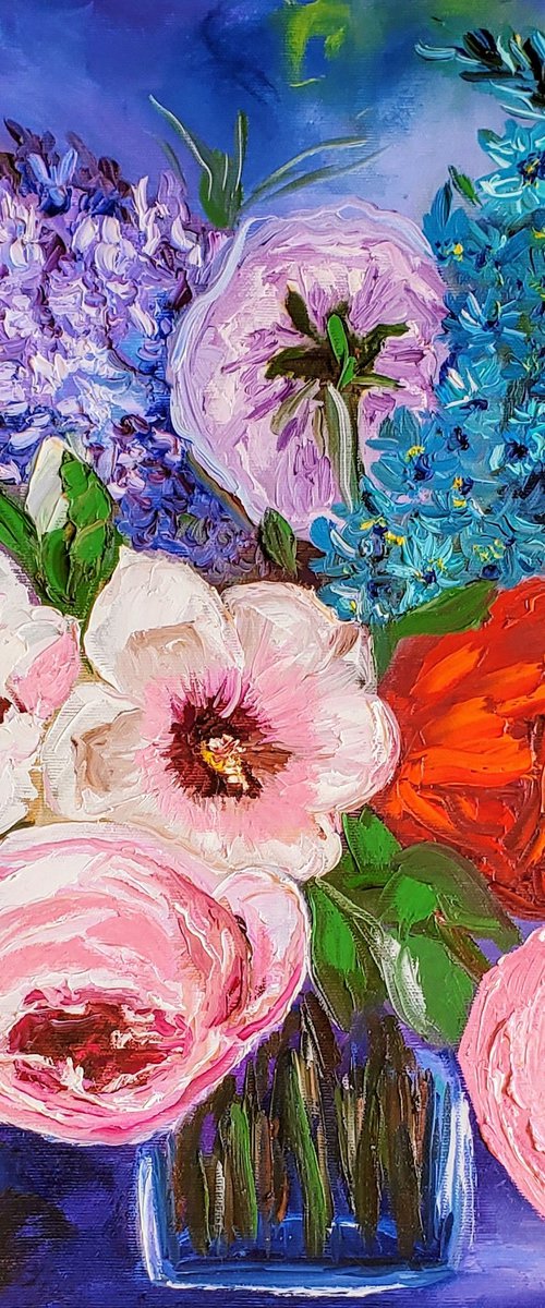 BOUQUET OF SUMMER FLOWERS pink rose white hibiscus, red poppy, urple lilac , delphinium modern Still life Dutch style office home decor gift by Olga Koval