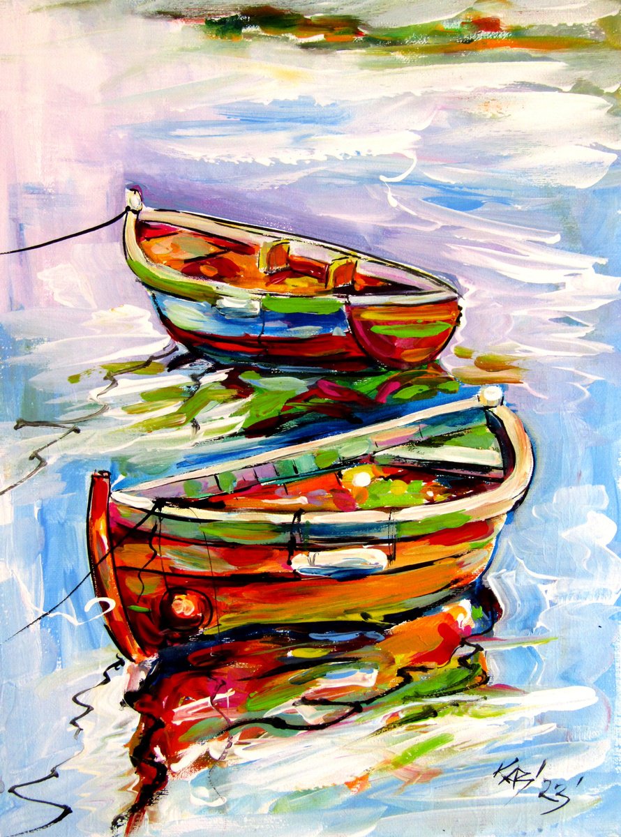 Impressionistic Landscape Acrylic Painting By Kovacs Anna Brigitta, 12 X 16", Boats On Beach, Original Artwork