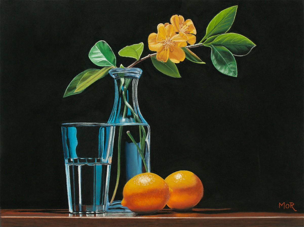 Photorealistic Still Life Pastel Drawing By Dietrich Moravec, 16 X 12, Citrus And Bloom, Original Artwork