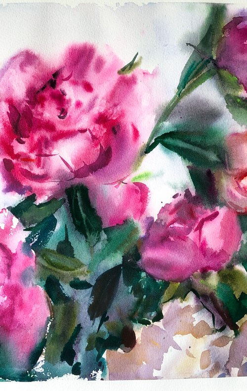 Peonies water color painting by Nataliia Nosyk