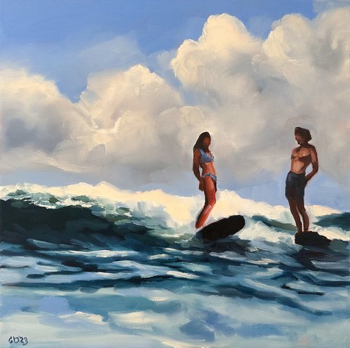 Serfers - Couple Surfing Ocean Wave Seascape Painting by Daria Gerasimova