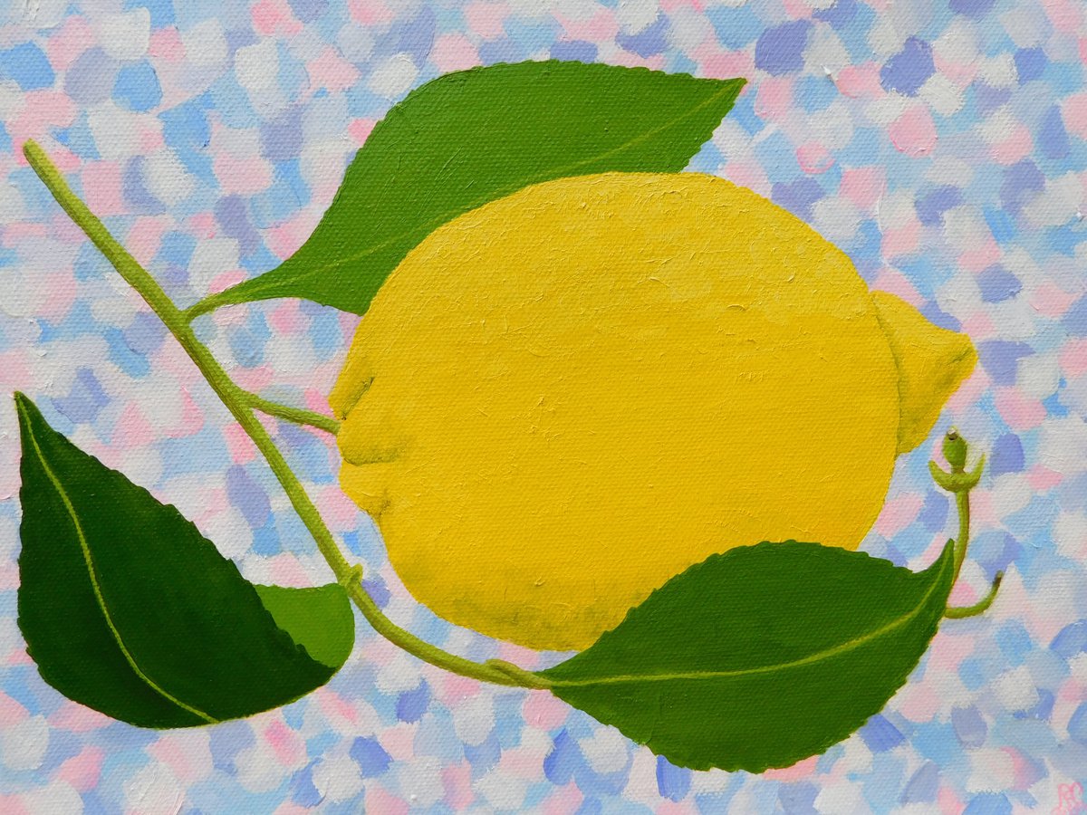 Photorealistic Oil Painting , A Large Leafy Lemon By Ruth Cowell, 12 X 10, Artwork For Sale On Artfinder