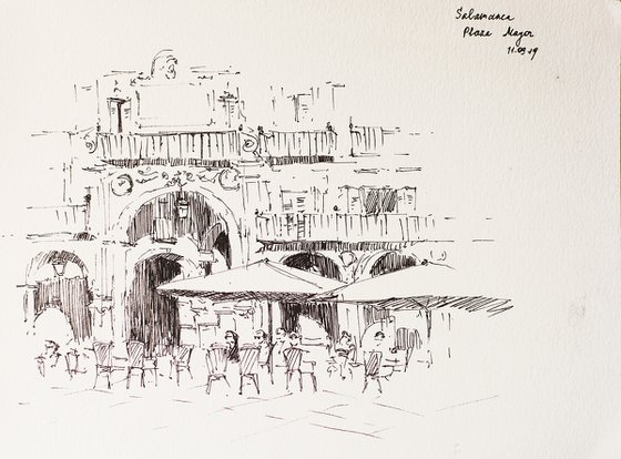 Salamanca. Plaza Mayor. Street sketch. Black and white URBAN graphic LANDSCAPE STUDY ARTWORK SMALL CITY LANDSCAPE SPAIN GIFT IDEA INTERIOR