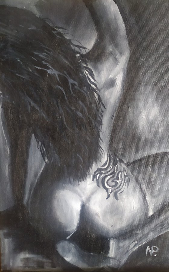 Tattoo, original nude erotic girl oil painting, Gift, bedroom painting