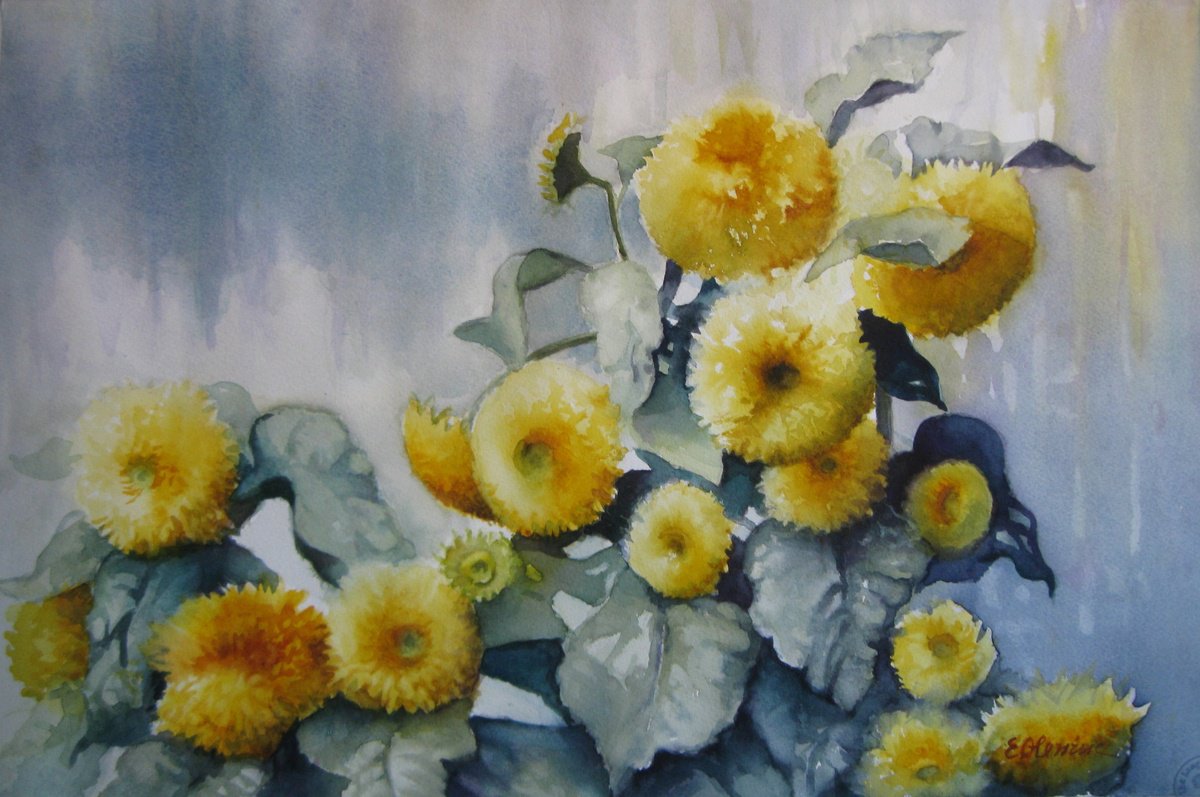 Impressionistic Botanical Watercolour By Elena Oleniuc, 22 X 15, Sunflower, Original Artwork