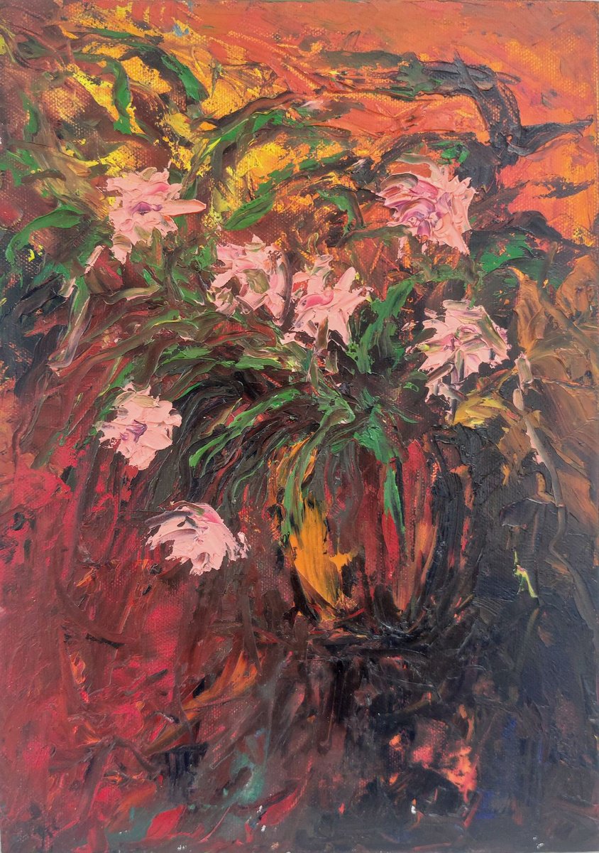 Expressive Botanical Oil Painting By Philippa Headley, 13 X 17", Hot Pinks, Original Artwork