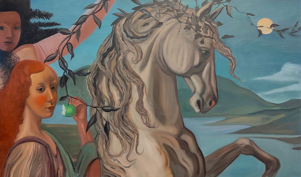 Naive Portrait Oil Painting By Pavel Guliaev, 47 X 28", Green Apple, Original Artwork