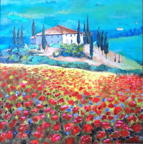 Poppies in the hills of Tuscany by Liubov Samoilova