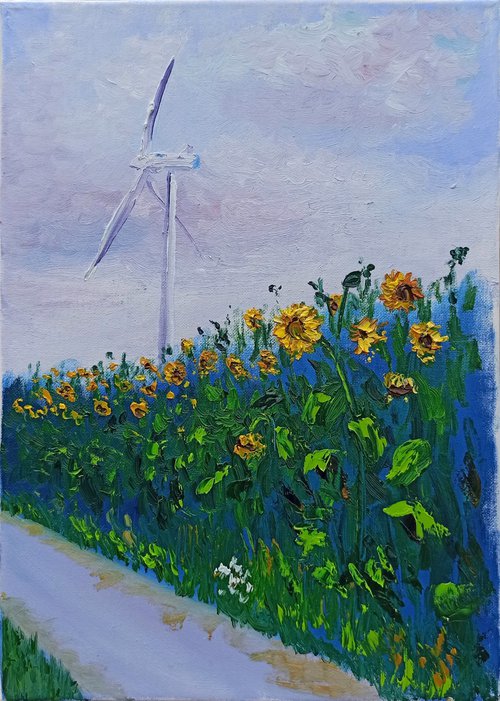 Sunflowers and a contemporary windmill. Pleinair painting by Dmitry Fedorov