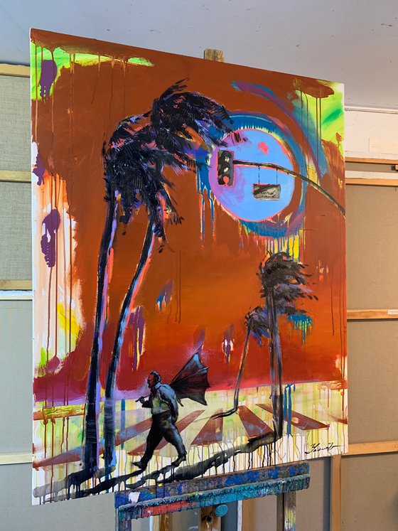 Big painting - "Against the wind" - Palms - Sunset - Urban - 2022