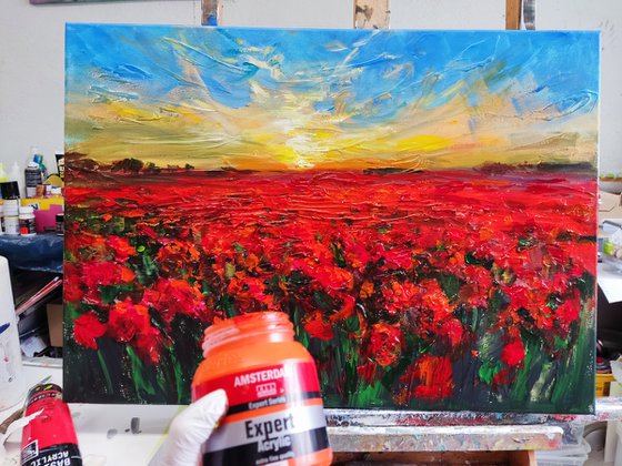 Red  Poppy Field. Original Impasto Acryl Painting With Palette Knife.