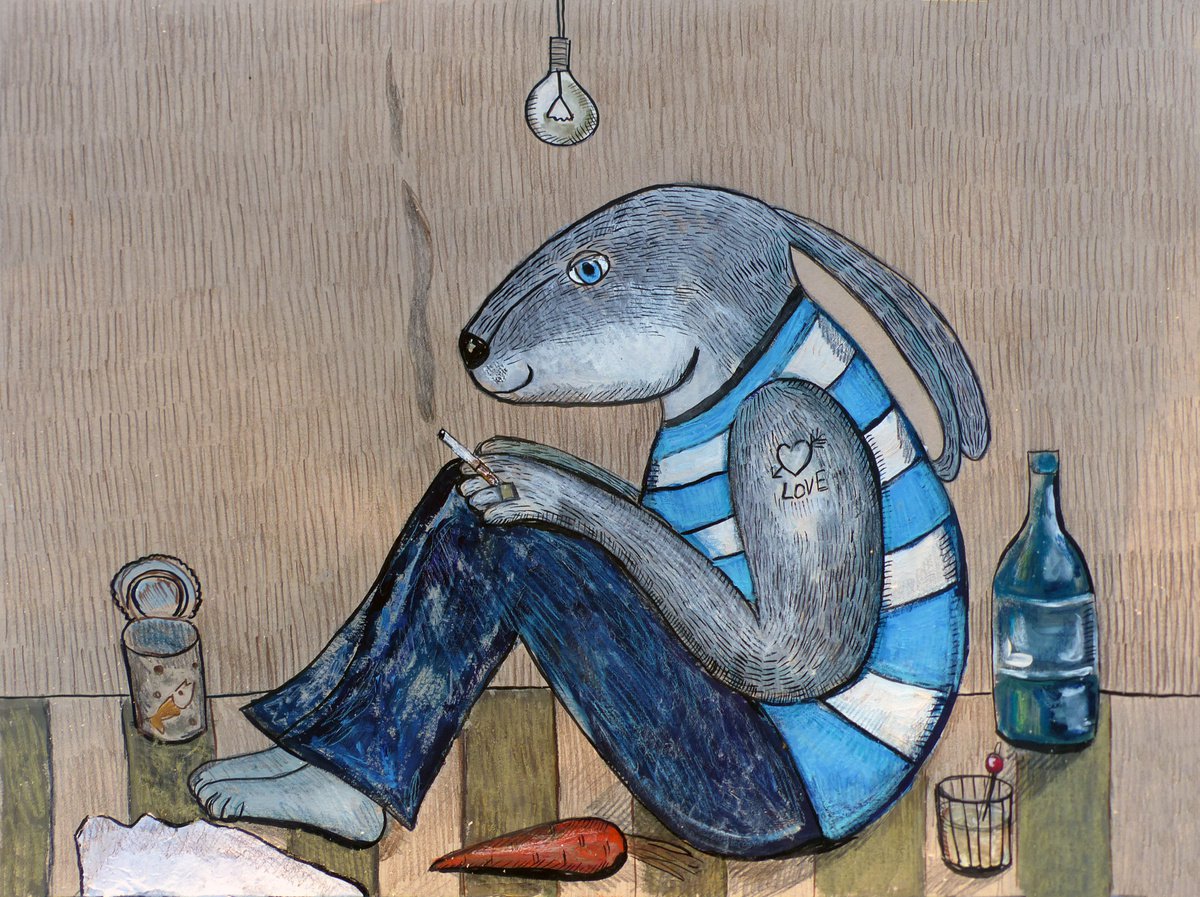 Expressive Animal Painting By Elizabeth Vlasova, 24 X 18, Smoking Bunny#5, Original Artwork