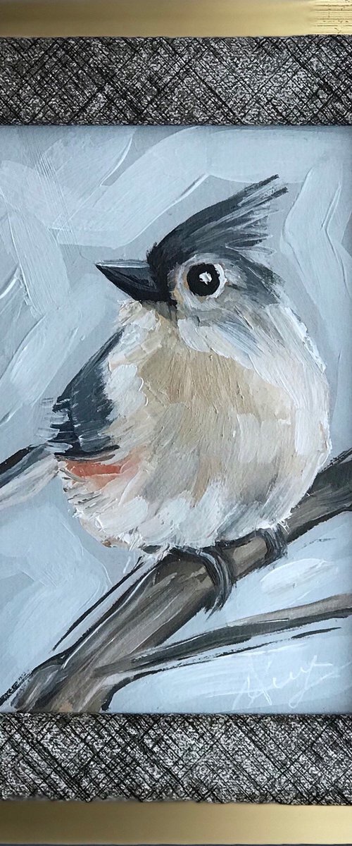 Bird painting mini art framed 15x20cmTufted Titmouse by Leysan Khasanova