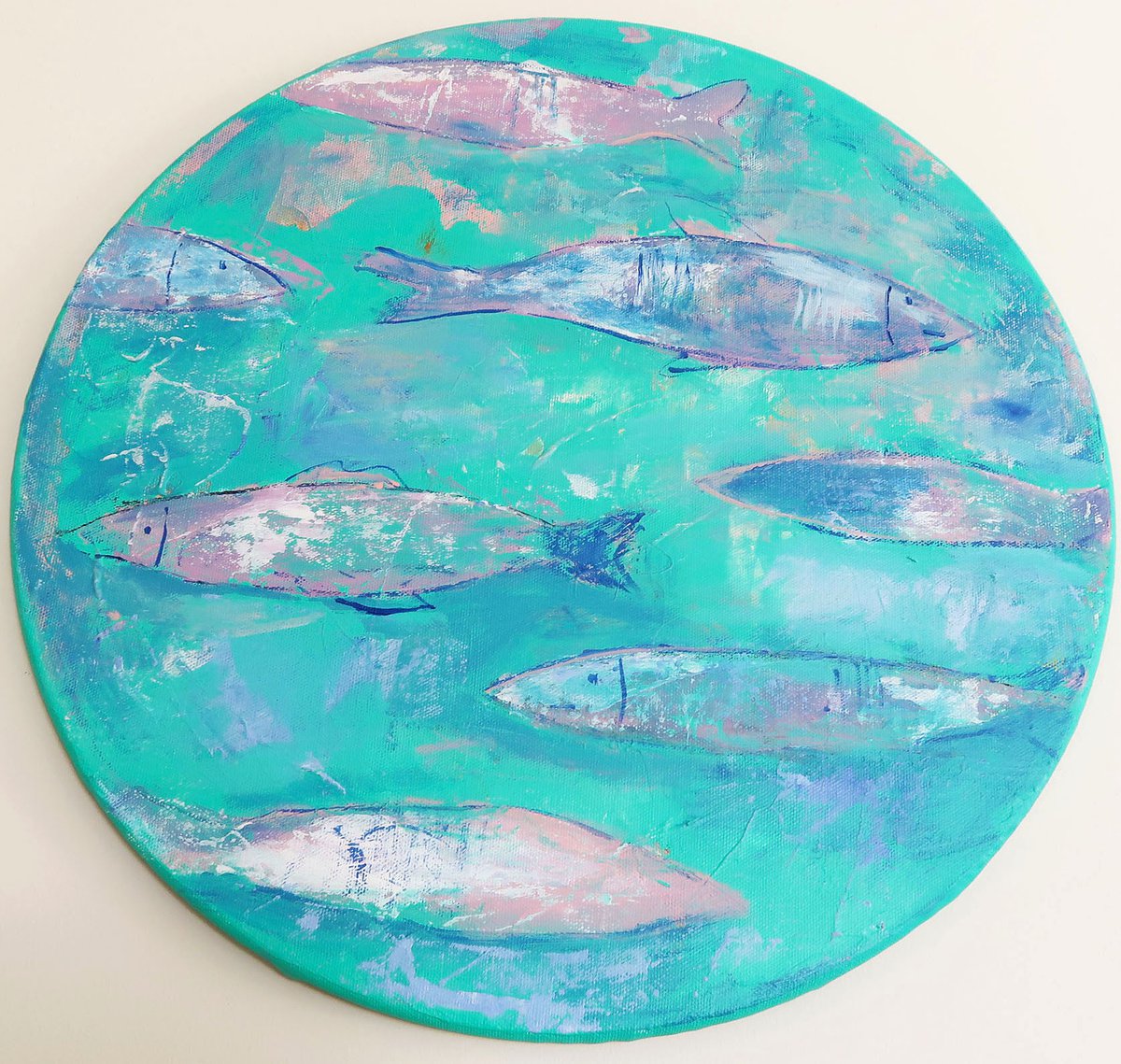 Fish family - fish painting, round painting, round acrylic, fishing, painting for kids r... by Ksenia Kozhakhanova
