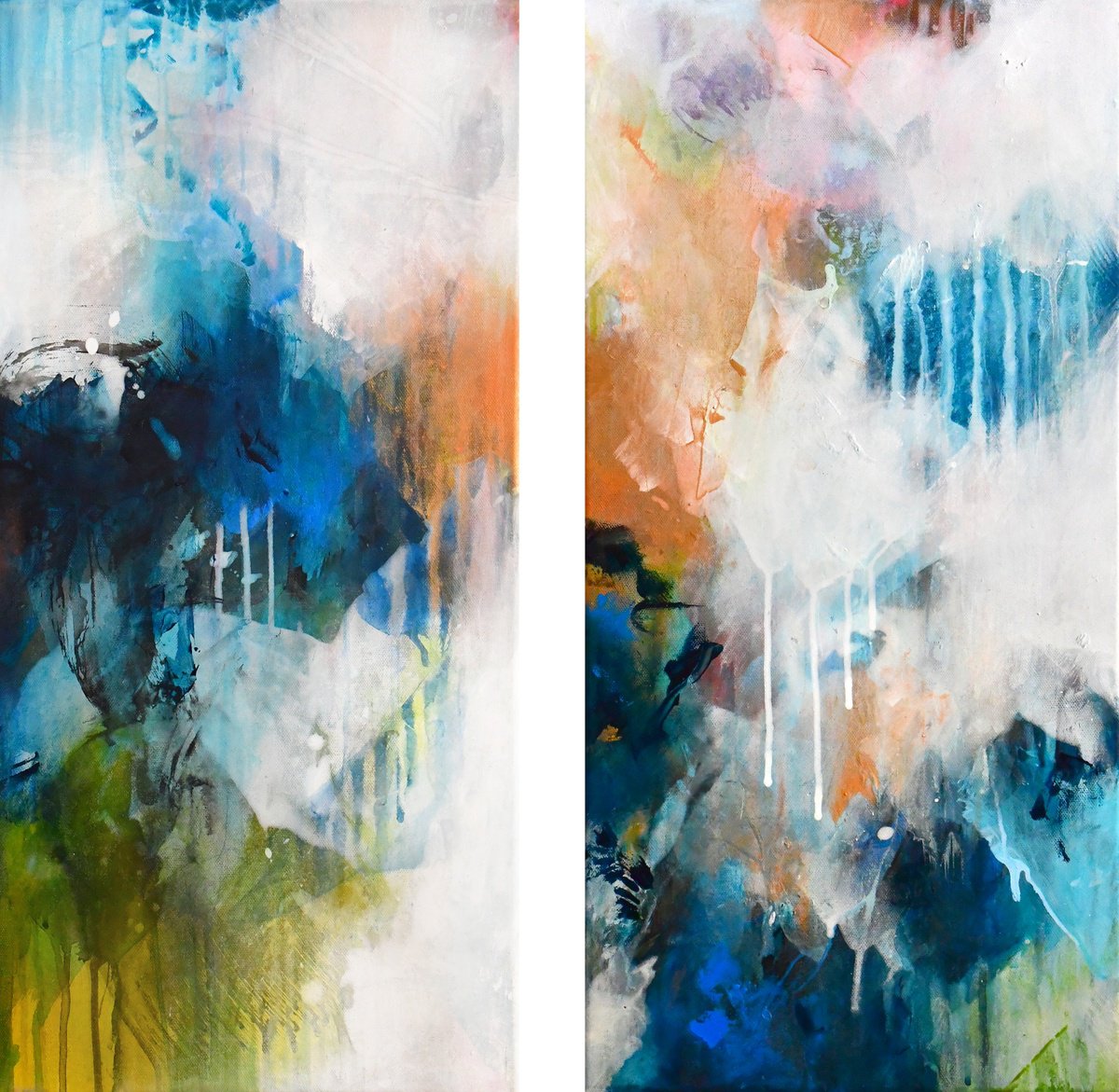 Abstract Acrylic Painting By Kirsten Handelmann, 24 X 24", Into The Blue (Diptych), Original Artwork