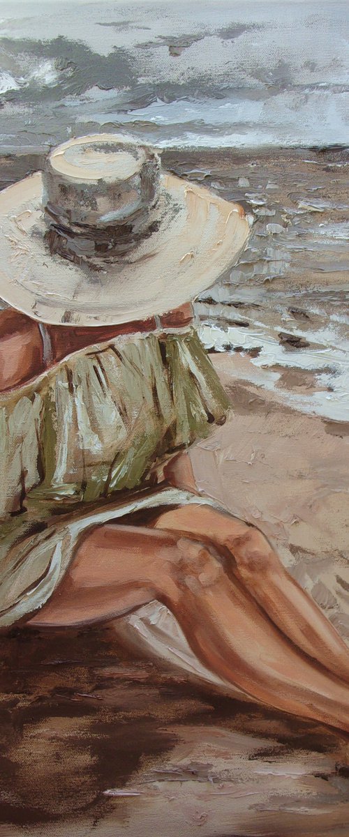 " IN A HAT ... "- SKY SEA SAND liGHt  ORIGINAL OIL PAINTING, GIFT, PALETTE KNIFE by Monika Luniak