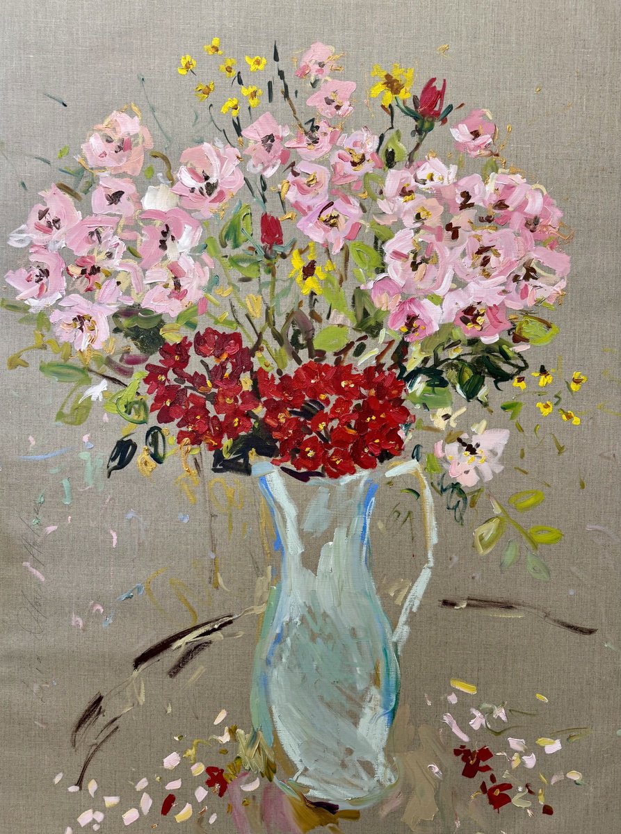 Impressionistic Botanical Oil Painting By Lilia Orlova-Holmes, 35 X 47", Summer Flowers In A Jug, Original Artwork
