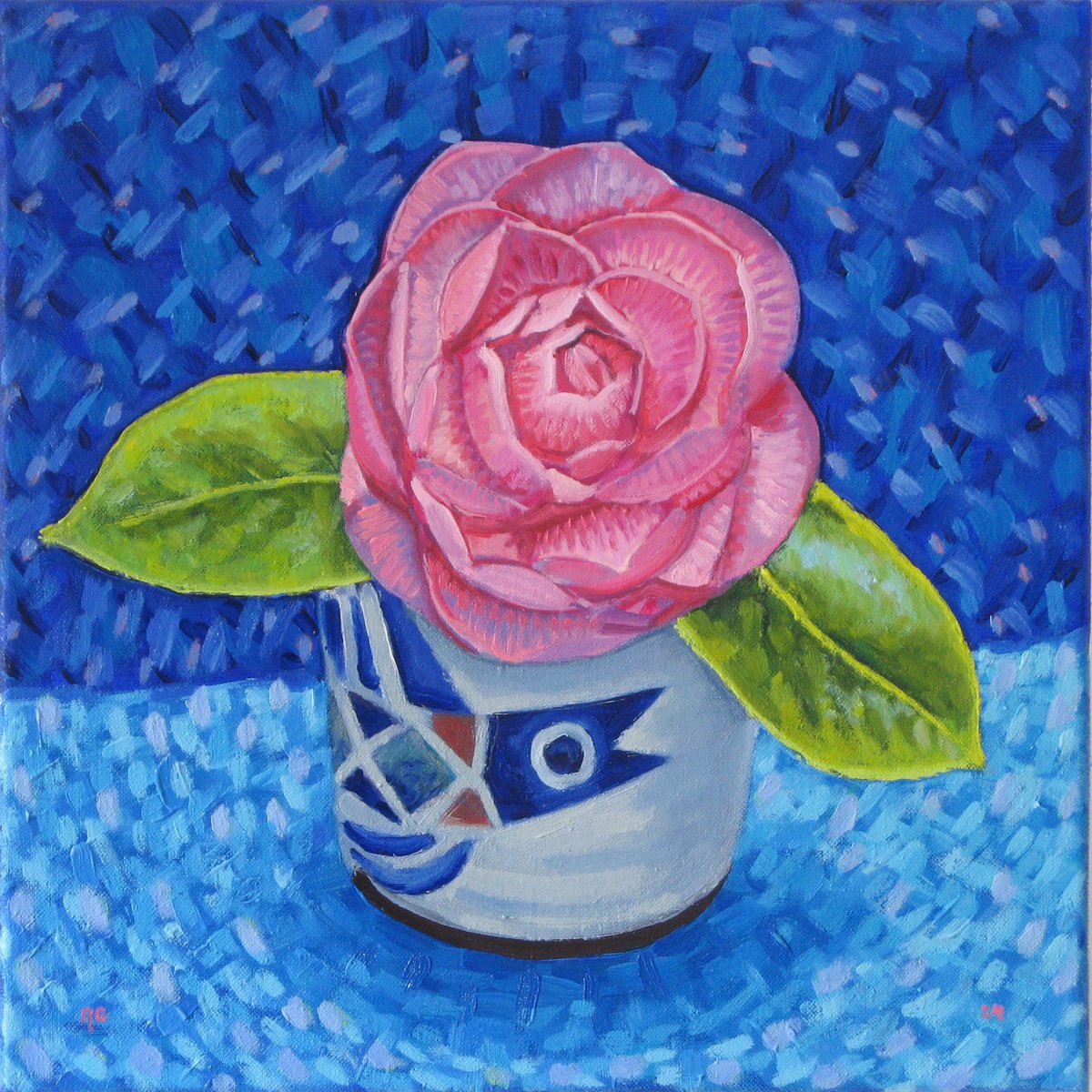 Botanical Oil Painting By Richard Gibson, 12 X 12", Rose In A Small Pot, Original Artwork