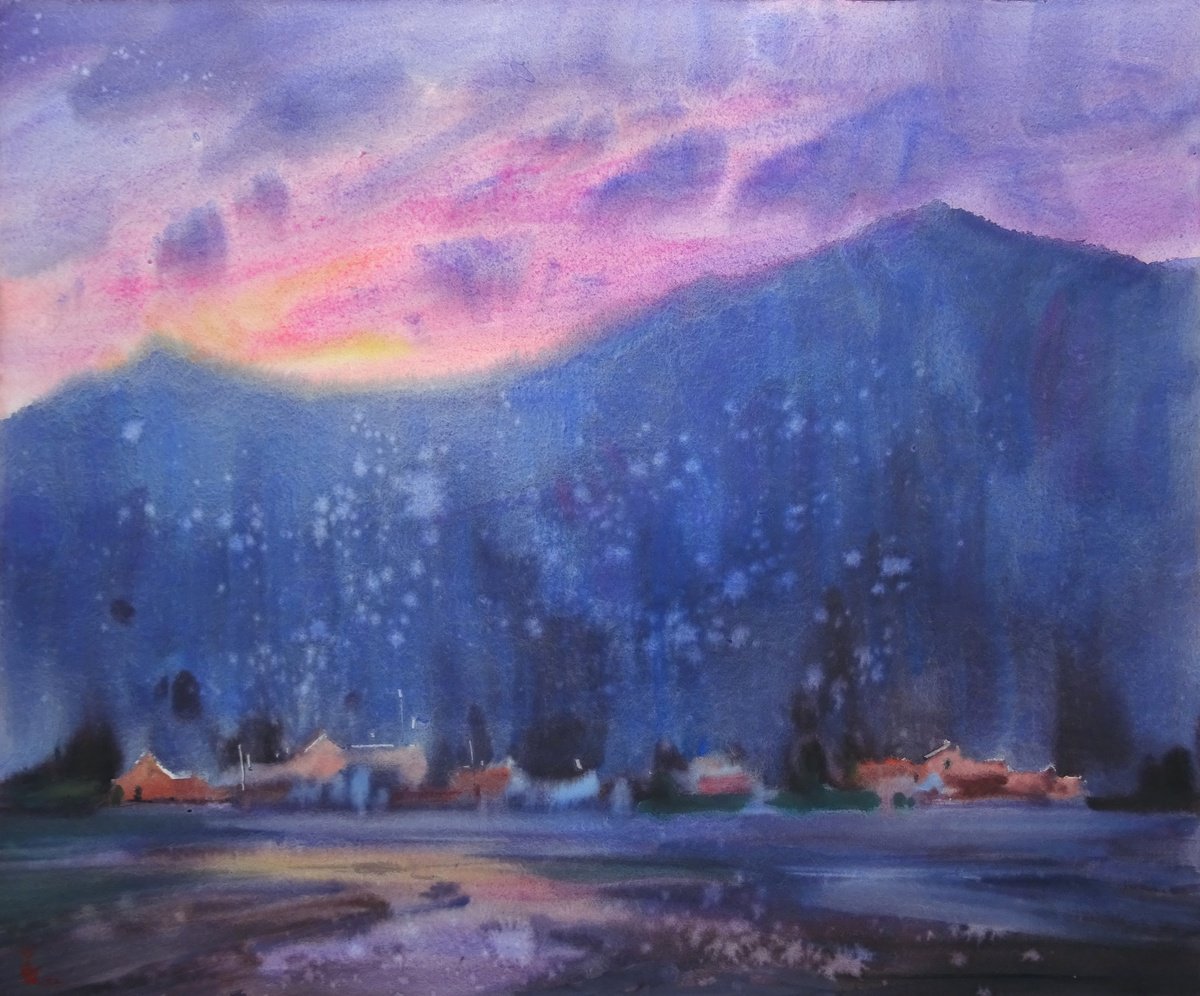 Impressionistic Landscape Watercolour By Maksym Kisilov, 23 X 19", "Evening Valley", Original Artwork